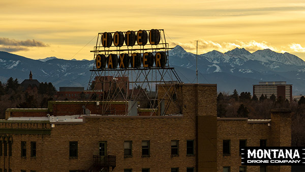 Hotel Baxter Sign At Sunset With Spanish Peaks Bozeman Mt 