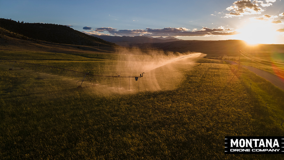 Watering Glow Pivot In Hayfield Glowing During The Montana Sunset